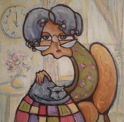 The Cat Lady colorful quirky fun funny acrylic art painting cartoon of woman old lady patting cat by Teresa Mundt Teresa’s Easel