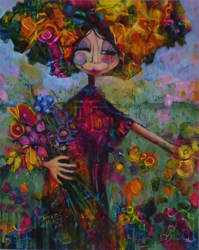 The Flower Gatherer colourful colorful quirky fun funny funky acrylic art painting cartoon of girl picking flowers in field by Teresa Mundt Teresa’s Easel