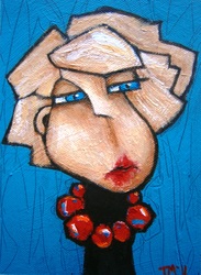 Girl in Red Beads colorful quirky fun funny acrylic art painting cartoon of woman wearing necklace by Teresa Mundt Teresa’s Easel