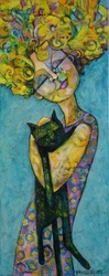Love Is A Big Black Cat colourful colorful quirky fun funny acrylic art painting cartoon of girl holding cat by Teresa Mundt Teresa’s Easel