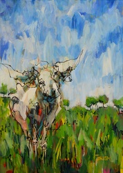 Depiction of a Bovine colorful quirky fun funny acrylic art painting cartoon of cow in field paddock by Teresa Mundt Teresa’s Easel