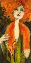 colourful colorful quirky fun funny acrylic art painting cartoon of woman with orange fox pelt scarf by Teresa Mundt Teresa’s Easel