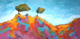 Windy Day colourful colorful quirky fun funky acrylic art painting pink yellow blue abstract landscape tree scene by Teresa Mundt Teresa’s Easel