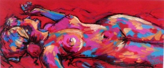 Cara on a Red Rug colorful quirky fun funny acrylic art painting cartoon woman reclining on red rug by Teresa Mundt Teresa’s Easel
