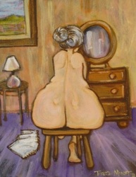 Dressing Room Derriere colourful colorful quirky fun funny acrylic art painting cartoon of old lady in nude with large bottom by Teresa Mundt Teresa’s Easel