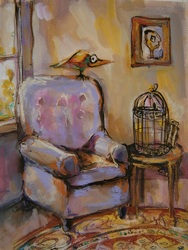 Bad Birdie colourful colorful quirky fun funny acrylic art painting cartoon of bird cage by Teresa Mundt Teresa’s Easel