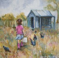 Feeding Time colorful quirky fun funny acrylic art painting cartoon girl feeding chooks chickens by Teresa Mundt Teresa’s Easel