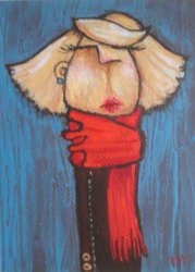 Girl in Red Scarf colorful quirky fun funny acrylic art painting cartoon of woman lady in red scarf by Teresa Mundt Teresa’s Easel