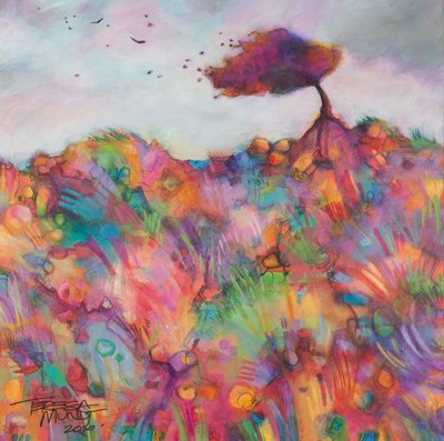 Autumn Storm colourful colorful quirky fun funky acrylic art painting pink yellow blue abstract landscape scene by Teresa Mundt Teresa’s Easel