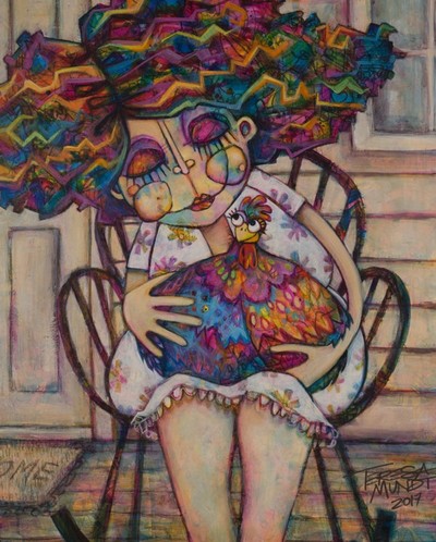 Betsy’s Bestie colourful colorful quirky fun funny funky acrylic art painting cartoon of lady with pet chicken chook by Teresa Mundt Teresa’s Easel