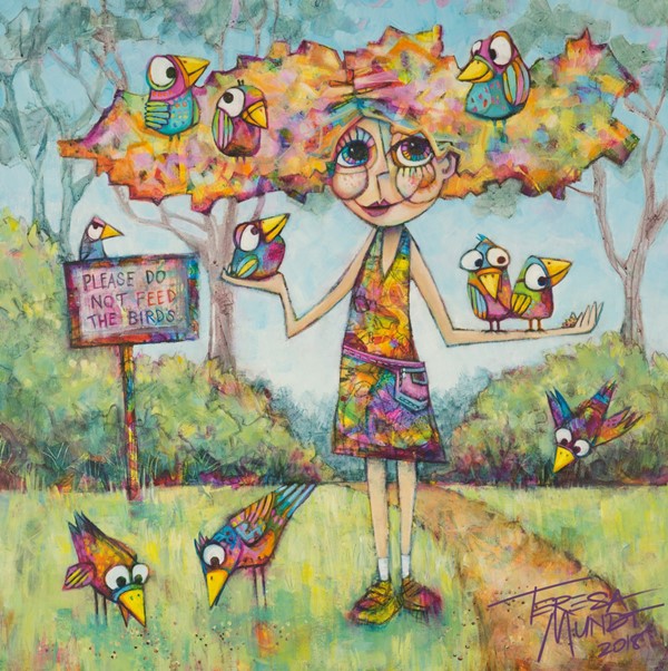 Bird Hair Day colourful colorful quirky fun funny funky acrylic art painting cartoon of girl feeding birds by Teresa Mundt Teresa’s Easel