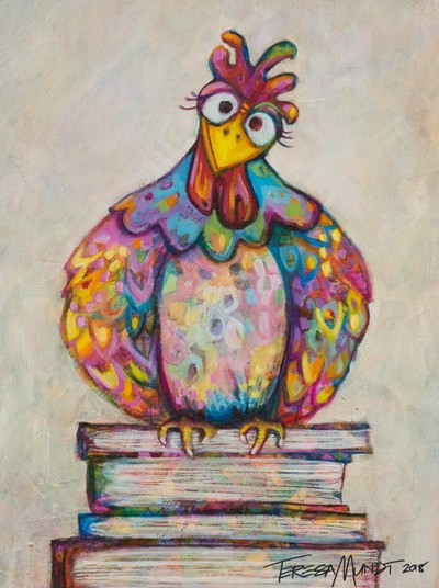 Book Book colourful colorful quirky fun funny funky acrylic art painting cartoon of chicken chook sitting on books by Teresa Mundt Teresa’s Easel