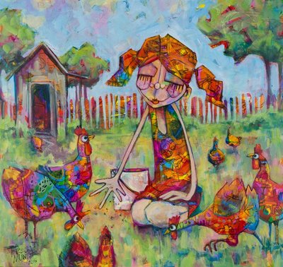 Cheeky Chickens colourful colorful quirky fun funny funky acrylic art painting cartoon of girl feeding chooks chickens by Teresa Mundt Teresa’s Easel