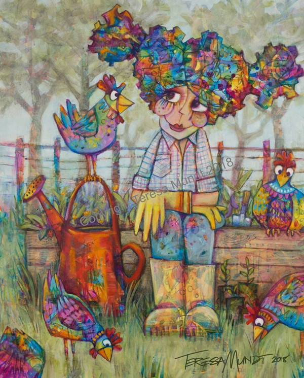 Chick Chat colourful colorful quirky fun funky acrylic art painting cartoon girl lady chickens chooks birds garden watering can by Teresa Mundt Teresa’s Easel