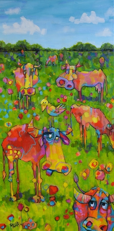 Cows Are In The Meadows colourful colorful quirky fun funny acrylic art painting cartoon of cows bird in paddock field by Teresa Mundt Teresa’s Easel