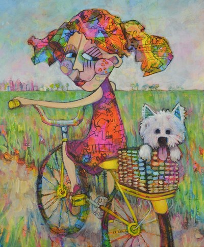 Driving Miss Daisy colourful colorful quirky fun funny funky acrylic art painting cartoon of girl bike bicycle dog by Teresa Mundt Teresa’s Easel
