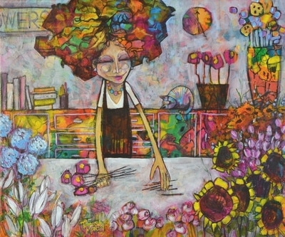 The Florist’s Apprentice colourful colorful quirky fun funny acrylic art painting cartoon of lady woman florist flowers cat by Teresa Mundt Teresa’s Easel
