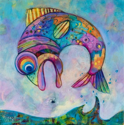 Fly Fishing colourful colorful quirky fun funny funky acrylic art painting cartoon of fish jumping out of water by Teresa Mundt Teresa’s Easel