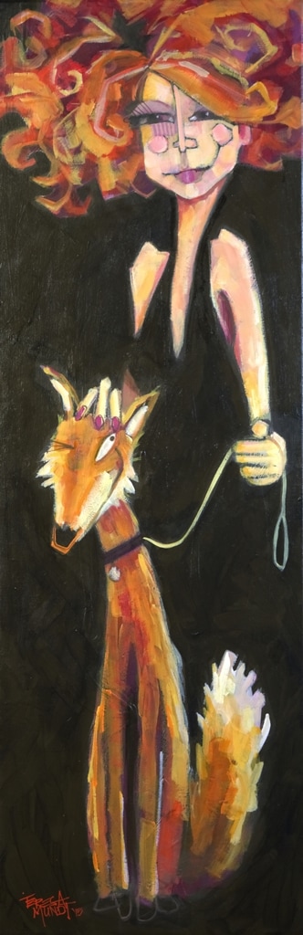 Foxtrot colourful colorful quirky fun funny acrylic art painting cartoon of woman walking fox on leash by Teresa Mundt Teresa’s Easel