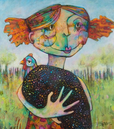Girl and Guinea Fowl colourful colorful quirky fun funny funky acrylic art painting cartoon of girl holding guinea fowl bird by Teresa Mundt Teresa’s Easel