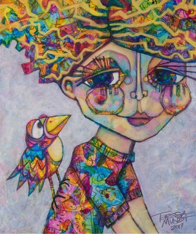 Hitching a Ride colourful colorful quirky fun funny funky acrylic art painting cartoon of girl with bird by Teresa Mundt Teresa’s Easel