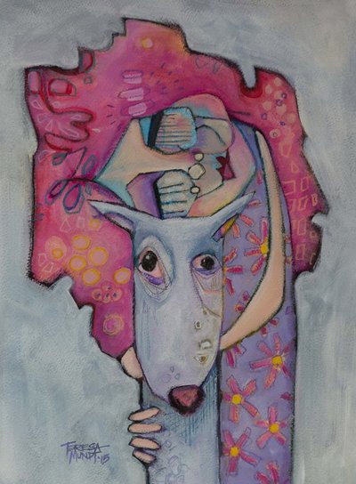 Huggy Muggy Buggy colourful colorful quirky fun funny funky acrylic art painting cartoon of girl and dog by Teresa Mundt Teresa’s Easel