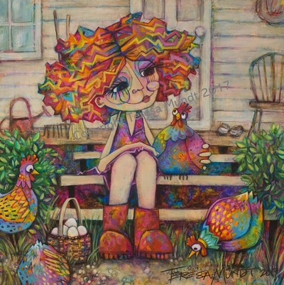 I Only Have Eggs For You colourful colorful quirky fun funny funky acrylic art painting cartoon of girls with chickens chooks sitting on porch by Teresa Mundt Teresa’s Easel