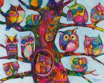 Insomnia colourful colorful quirky fun funny funky acrylic art painting cartoon of owls in a tree by Teresa Mundt Teresa’s Easel