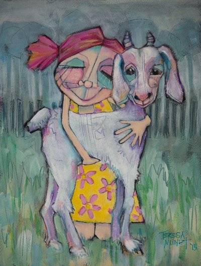 Kids colourful colorful quirky fun funny funky acrylic art painting cartoon of girl holding goat by Teresa Mundt Teresa’s Easel