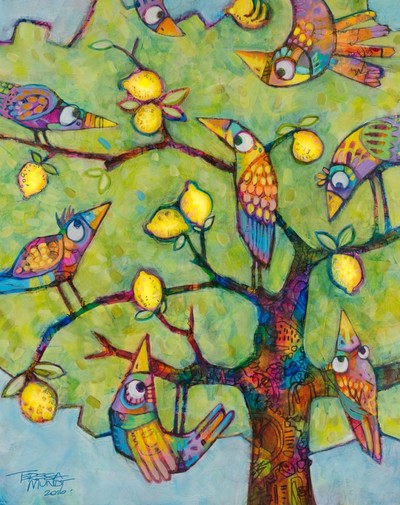 Lemon Lovers colourful colorful quirky fun funny funky acrylic art painting cartoon of birds in lemon tree by Teresa Mundt Teresa’s Easel