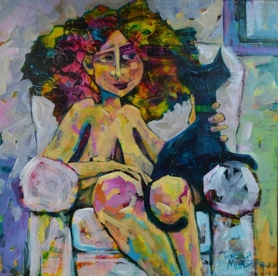 Madame and the Stray colourful colorful quirky fun funny acrylic art painting cartoon of woman girl holding cat on chair by Teresa Mundt Teresa’s Easel