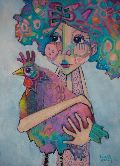 Miss Penny’s Hen colourful colorful quirky fun funny funky acrylic art painting cartoon of girl holding chook chicken by Teresa Mundt Teresa’s Easel