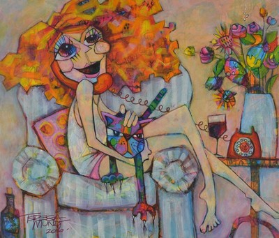 On The Blower colourful colorful quirky fun funny funky acrylic art painting cartoon of girl woman on phone telephone cat couch wine by Teresa Mundt Teresa’s Easel