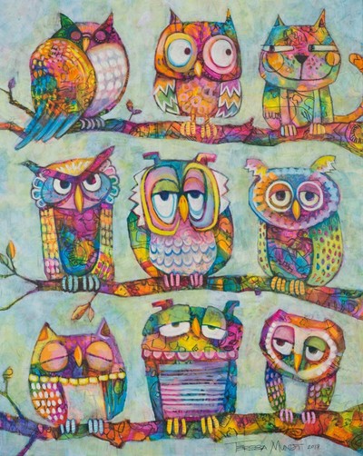 Owls and The Pussycat colourful colorful quirky fun funny funky acrylic art painting cartoon of owls and cat in tree by Teresa Mundt Teresa’s Easel