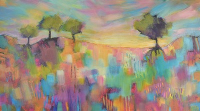 Patchwork Landscape colourful colorful quirky fun funky acrylic art painting pink yellow blue abstract landscape sunset tree scene by Teresa Mundt Teresa’s Easel