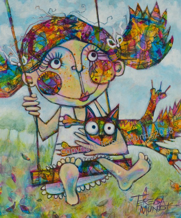 Room to Swing a Cat colourful colorful quirky fun funky acrylic art painting cartoon girl swing cat funny scene by Teresa Mundt Teresa’s Easel