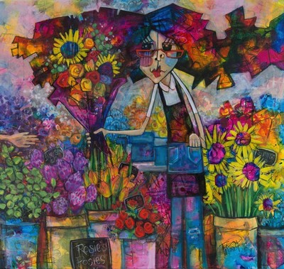 Rosie’s Posies colourful colorful quirky fun funny funky acrylic art painting cartoon of girl woman florist selling flowers bouquets by Teresa Mundt Teresa’s Easel