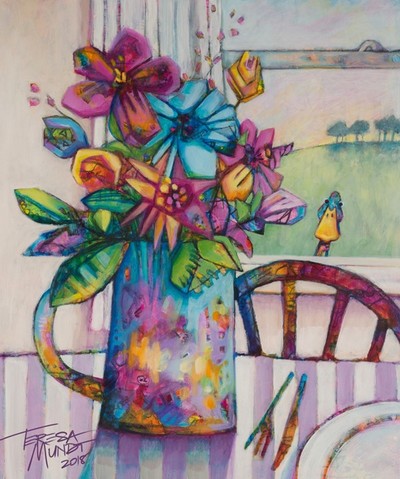 Still Life with Peking Duck colourful colorful quirky fun funny funky acrylic art painting cartoon flowers peeking duck by Teresa Mundt Teresa’s Easel