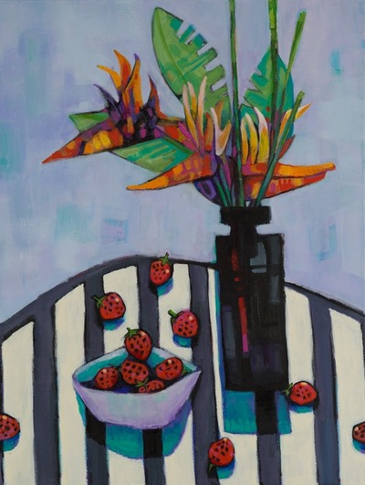 Strawberries and Strelitzia colourful colorful quirky fun funky acrylic art painting abstract floral flowers still life by Teresa Mundt Teresa’s Easel