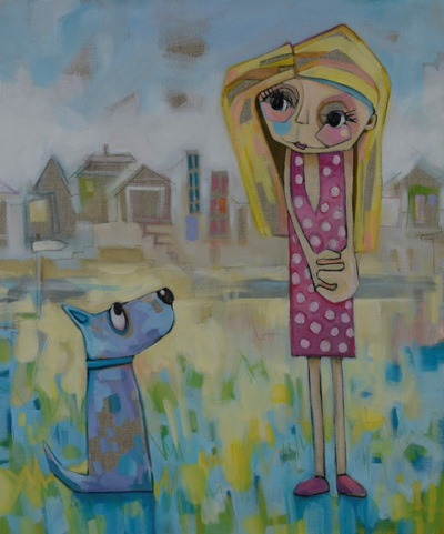 When I Met You colourful colorful quirky fun funny funky acrylic art painting cartoon of girl and dog by Teresa Mundt Teresa’s Easel